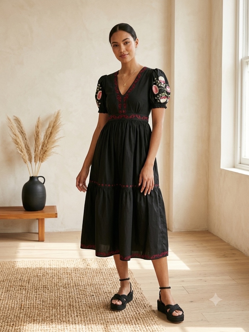 Fanm Mon Gana Floral Embroidered Black Cotton Midi Dress Size Small NWT